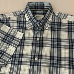 Peter Millar Button Down Shirt Mens Small Blue Plaid Cotton Short Sleeve Casual